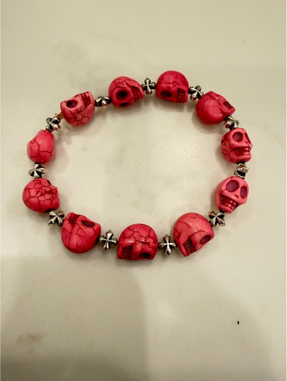 Pink Skull Beaded Stretch Bracelet with Silver-tone Accents